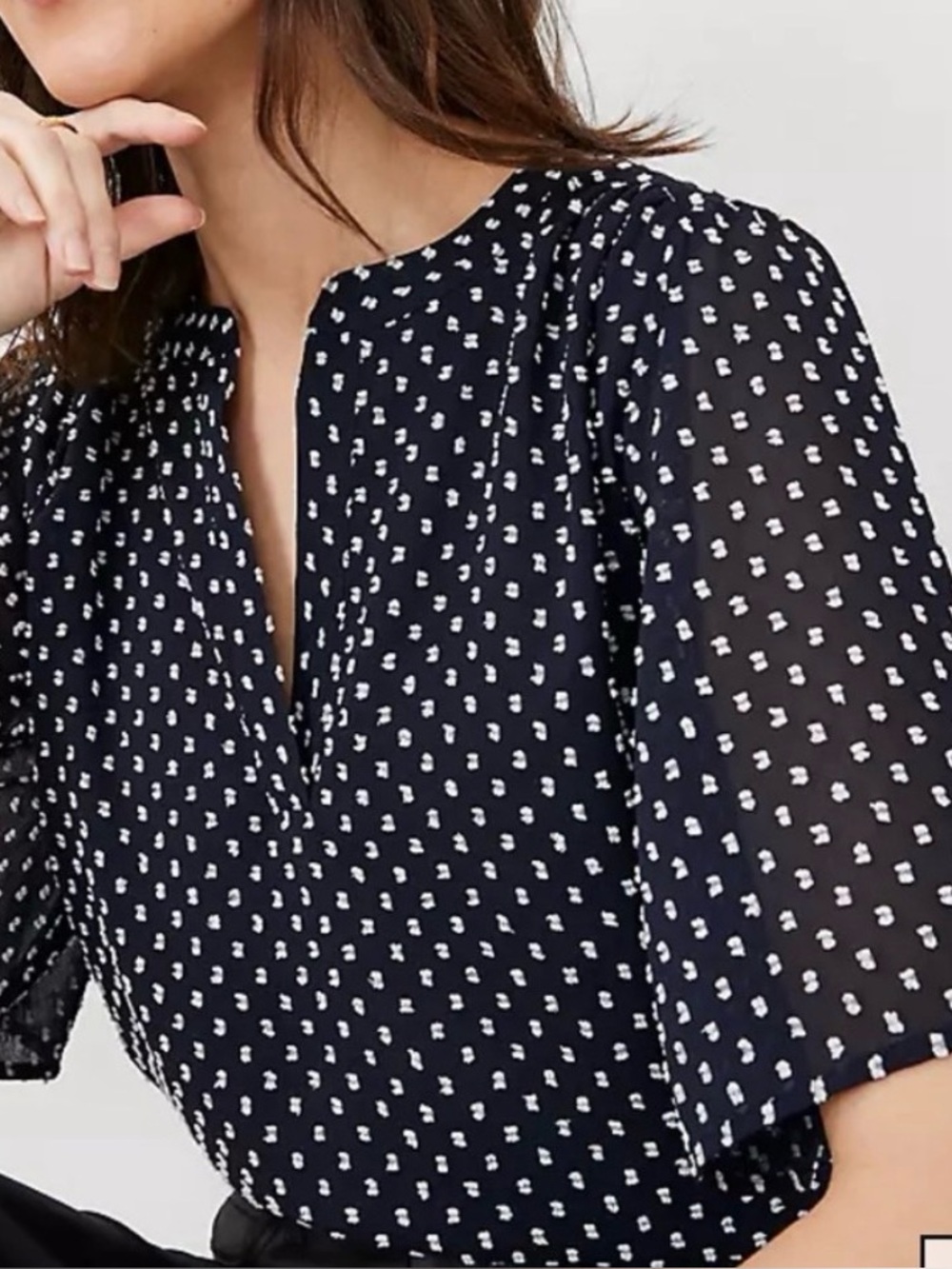 Ann Taylor Shirred Navy and White Dot Split-Neck Blouse Size Medium